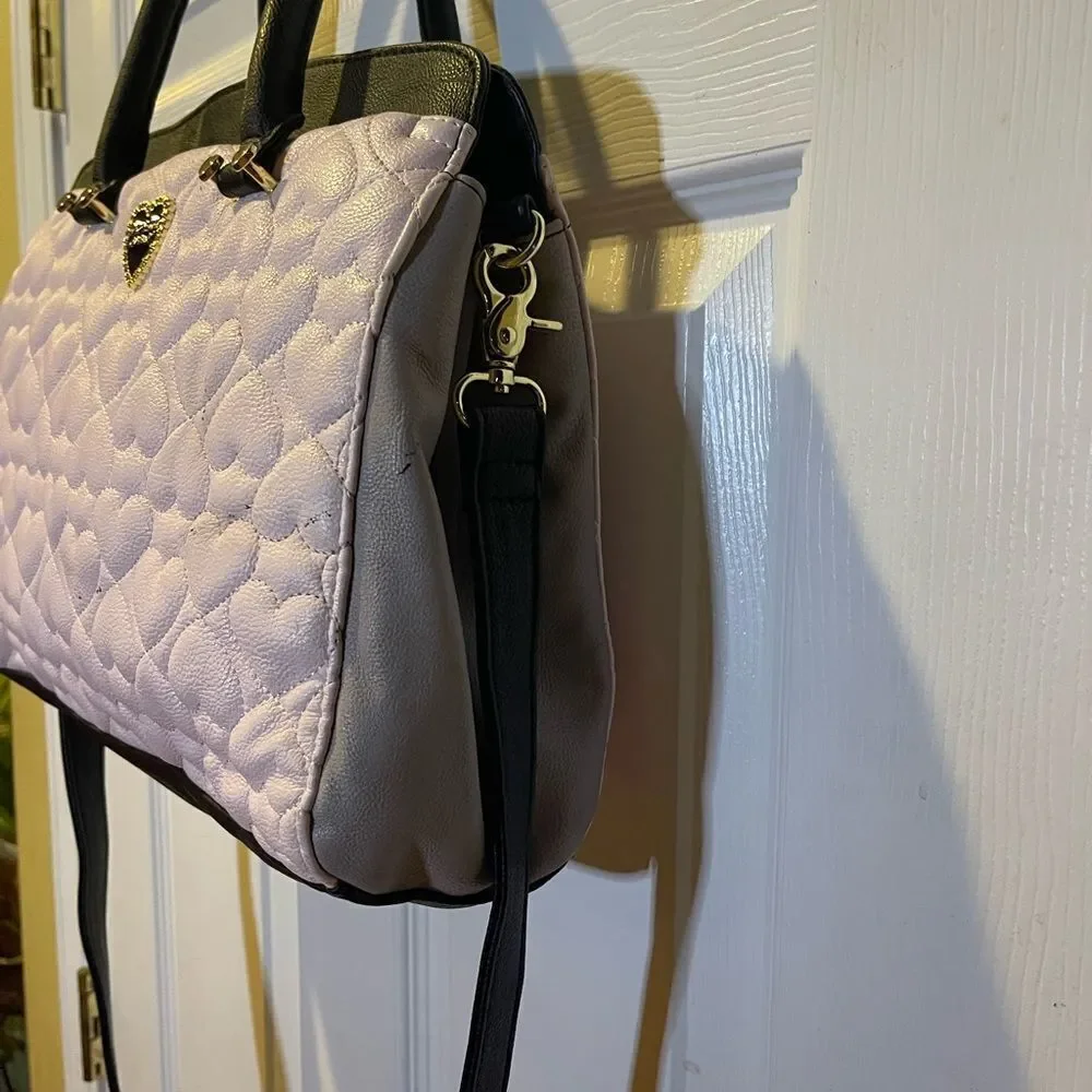Betsey Johnson Heart Quilted Pink , Black & gray strims & strap Satchel